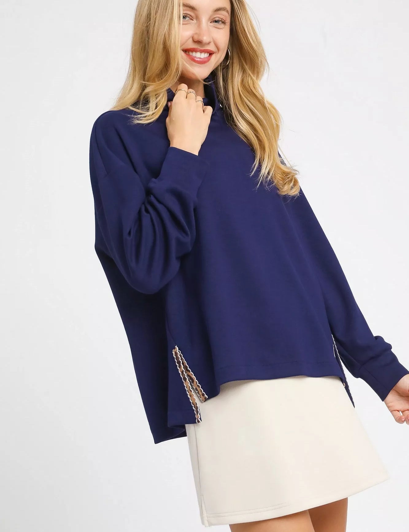 Umgee Turtle Neck Dolman Sleeve Side Slit Sweater with Contrast Detail | Sweaters Daverri Fashions