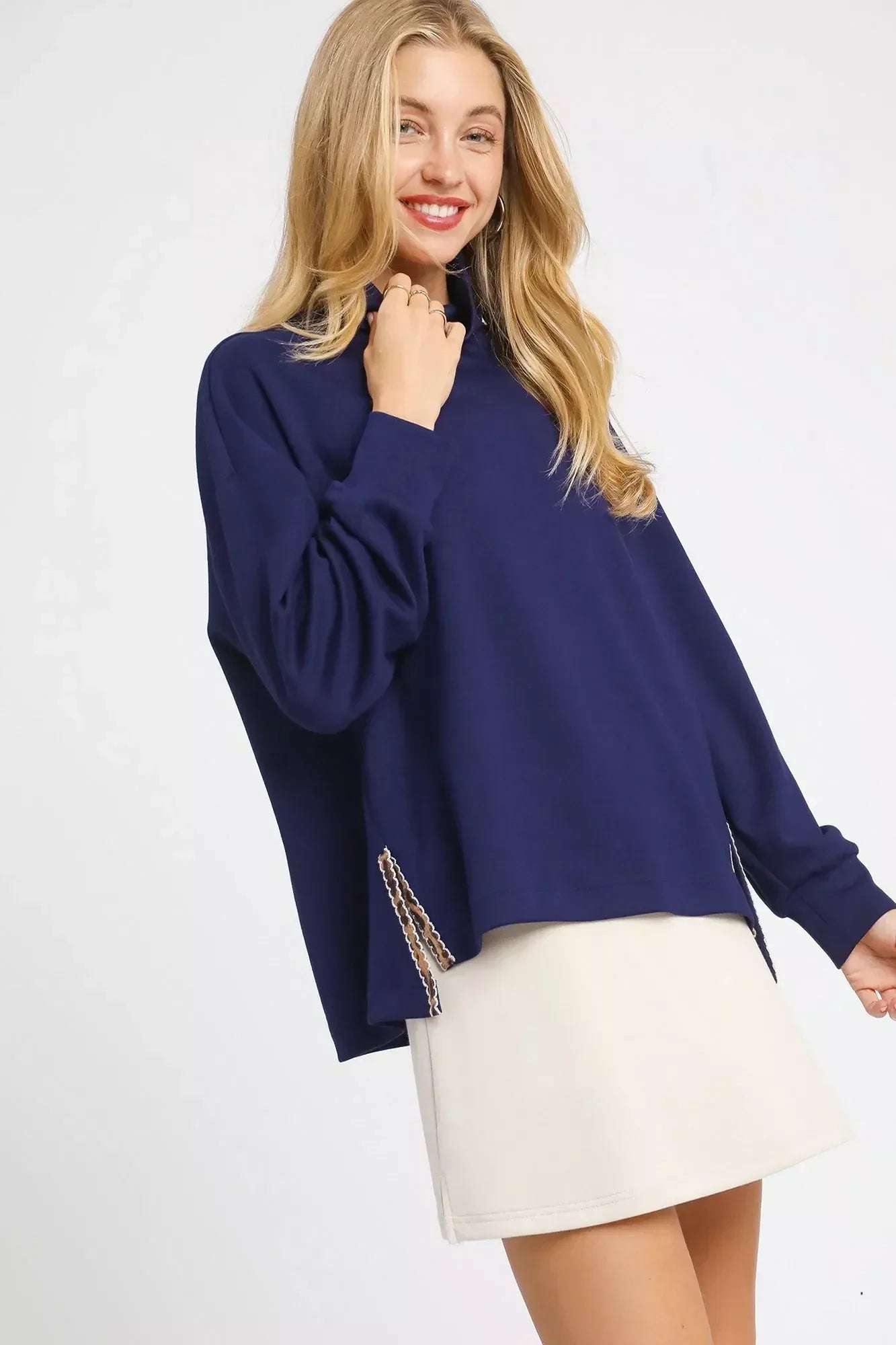 Umgee Turtle Neck Dolman Sleeve Side Slit Sweater with Contrast Detail - DAVERRI FASHIONS