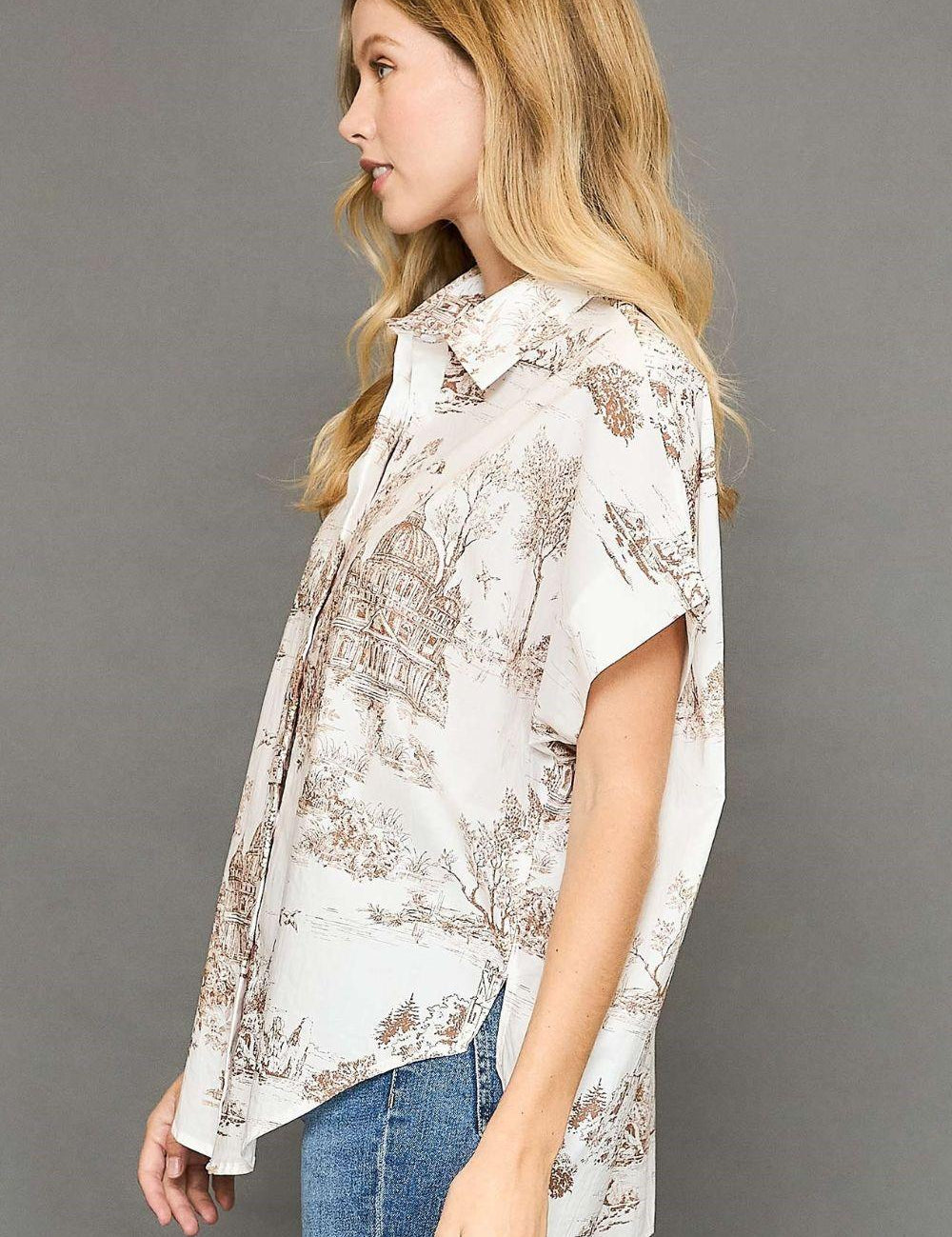 Umgee Full Size Two Tone Print Button Up Short Sleeve Shirt Plus Size | Daverri Fashions