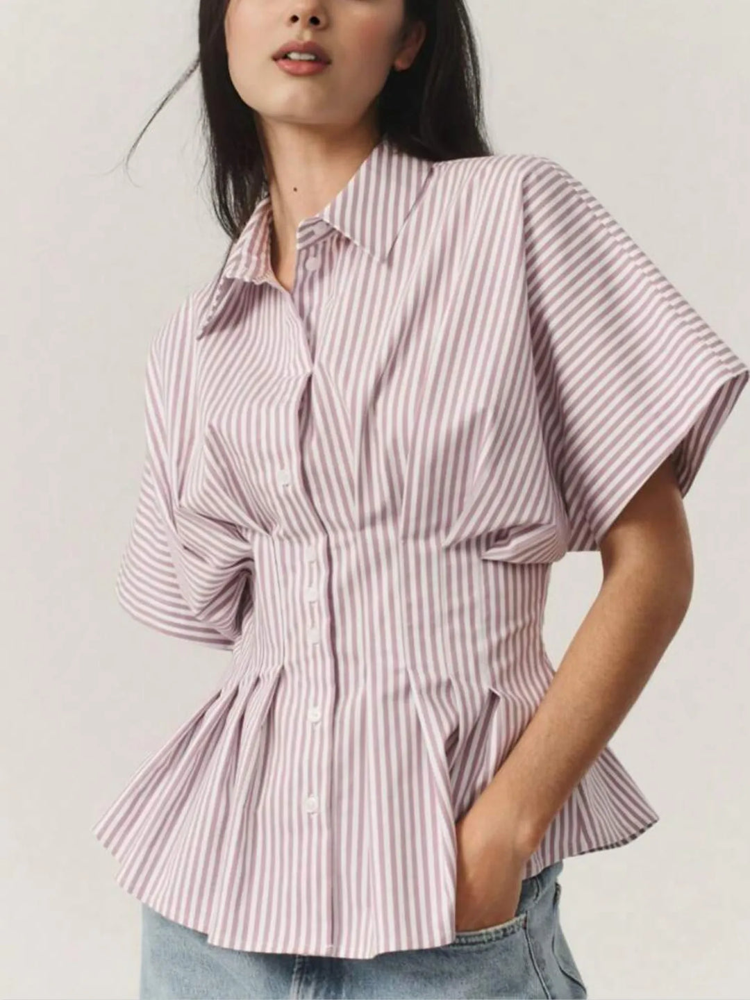 Blush Pink Striped Short Sleeve Button-Up Shirt | Daverri Fashions