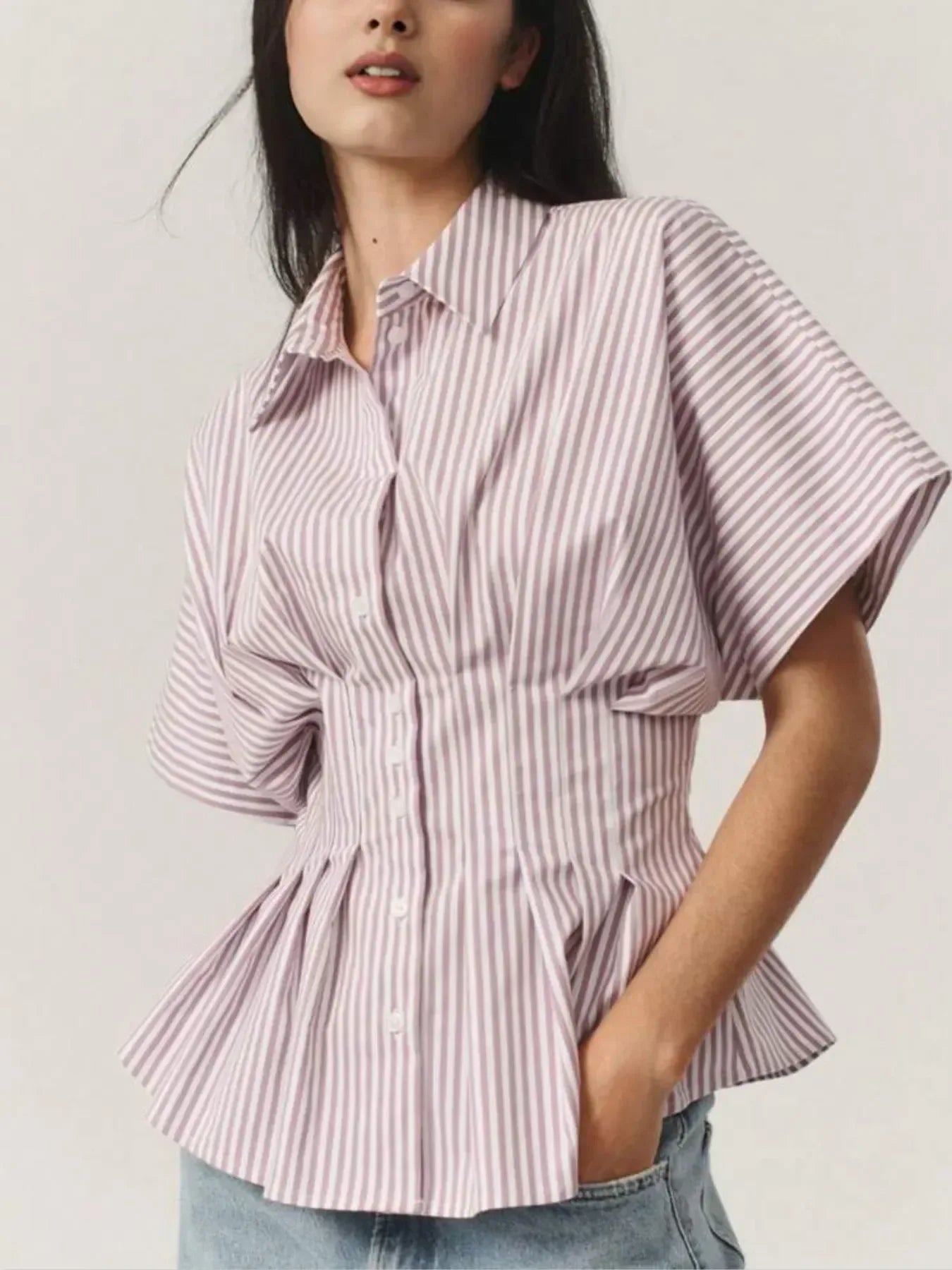 Striped Short Sleeve Button-Up Shirt - DAVERRI FASHIONS