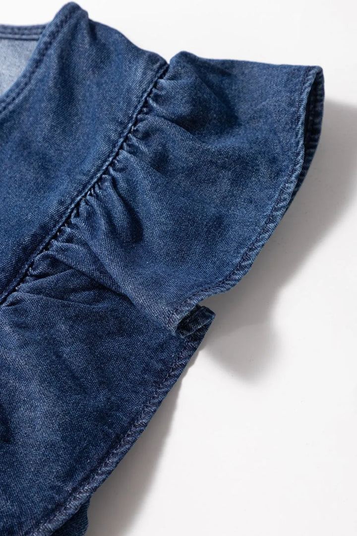 Denim Ruffled Zipped Front Belted Romper | Rompers Daverri Fashions