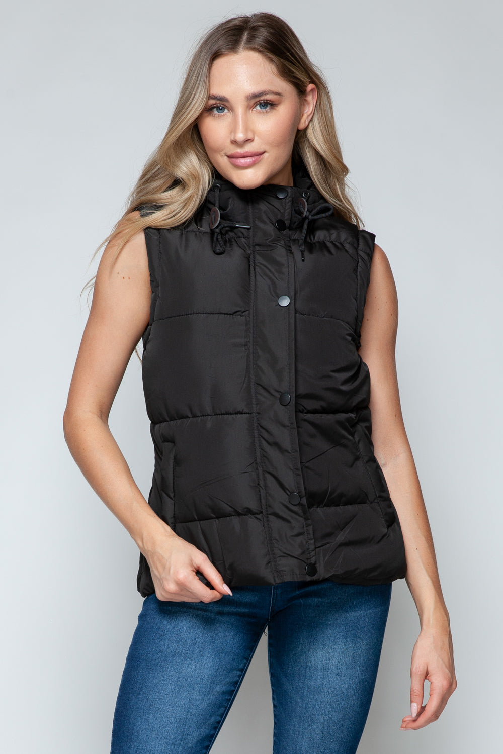 Black quilted sleeveless Snobbish Snap and Zip hooded puffer vest