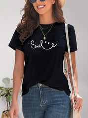 Black lace-trimmed SMILE t-shirt with smiley face graphic