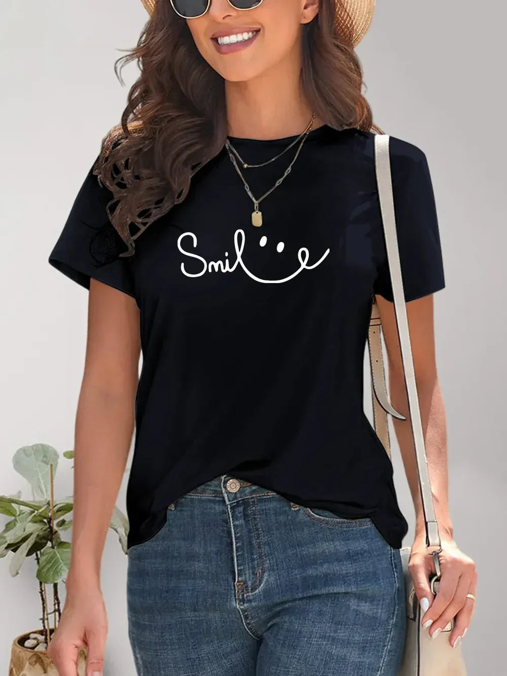 SMILE Round Neck Short Sleeve T-Shirt - DAVERRI FASHIONS