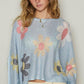 POL Flower Dropped Shoulder Long Sleeve Knit Top Baby Blue L