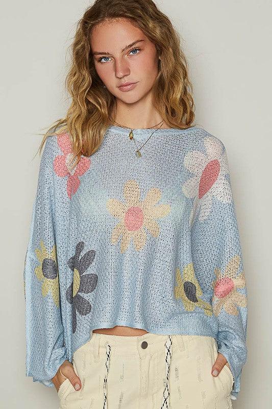 POL Flower Dropped Shoulder Long Sleeve Knit Top Baby Blue L