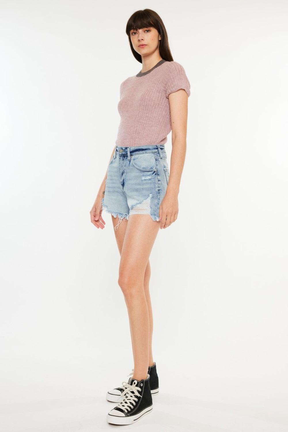 Kancan Distressed High Waist Denim Shorts with Pockets | Denim Shorts Daverri Fashions
