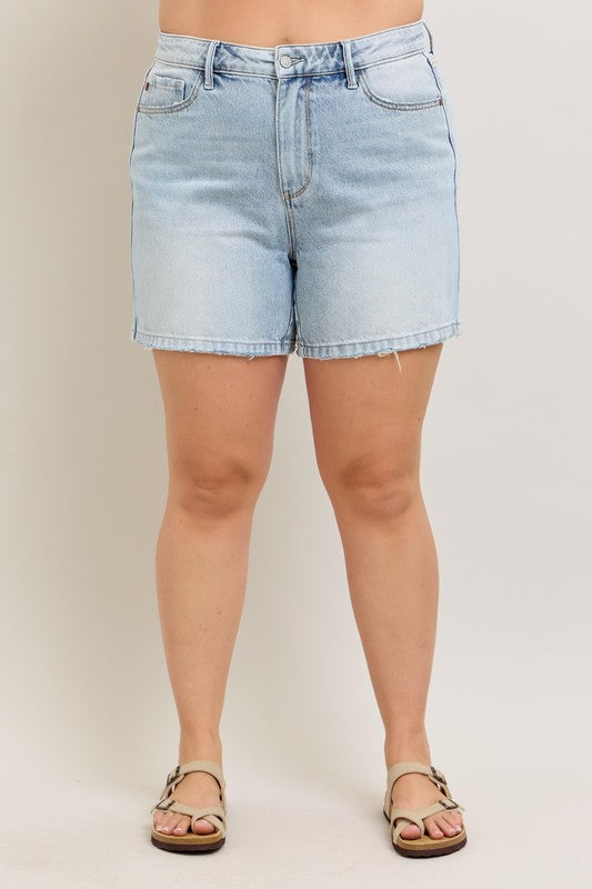 Judy Blue Full Size Frayed Hem High Rise Denim Shorts with Pockets Plus Size Denim Shorts