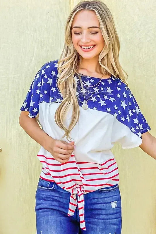 And The Why American Flag Print Tie Knot Front Casual Top - DAVERRI FASHIONS