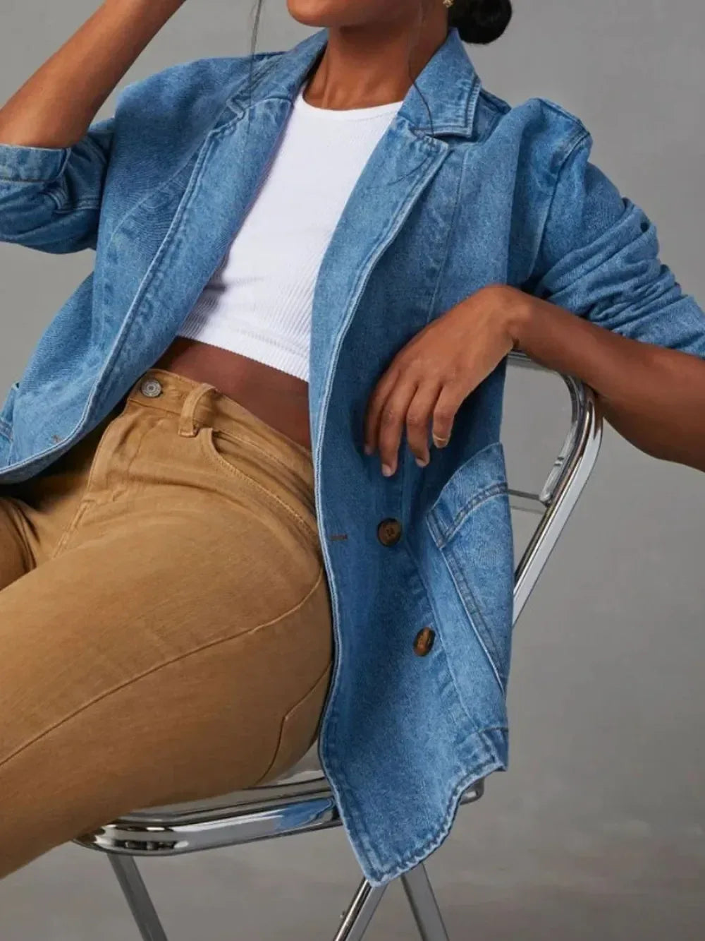 Pocketed Lapel Collar Long Sleeve Denim Jacket - DAVERRI FASHIONS