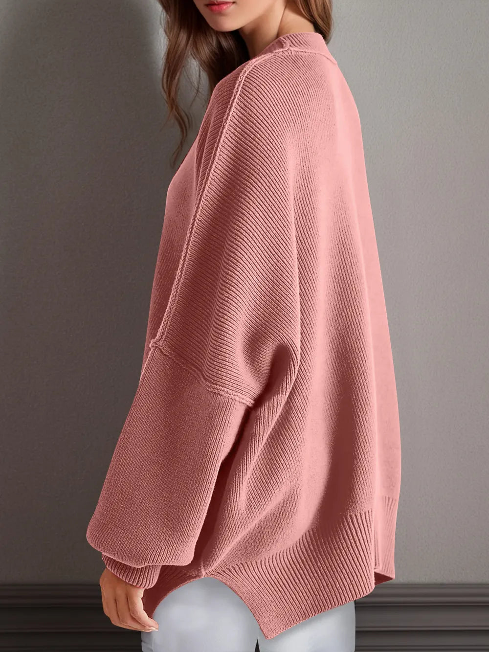 Side Slit Round Neck Long Sleeve Sweater | Sweaters Daverri Fashions