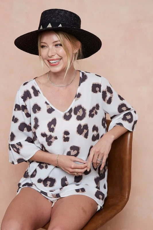BiBi Leopard Printed V Neck Woven Top with Ruffled | Blouses Daverri Fashions