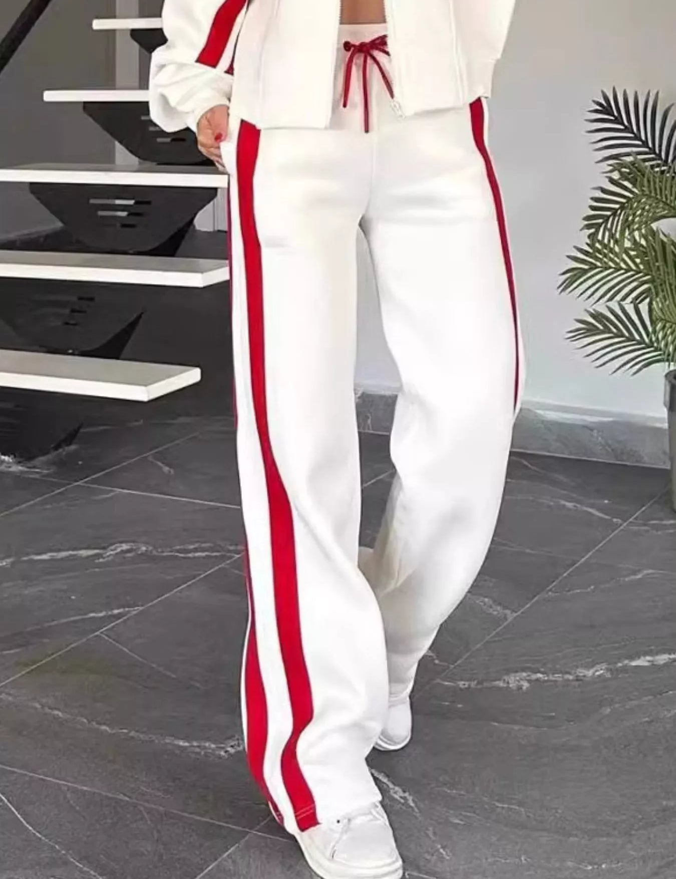 Full Size Contrast Stripe Zip Up Jacket and Pants Set Plus Size | Loungewear Sets Daverri Fashions