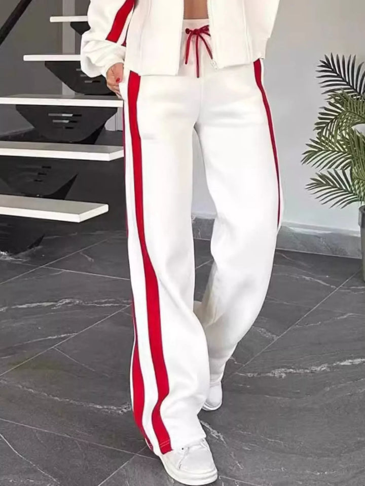 Full Size Contrast Stripe Zip Up Jacket and Pants Set Plus Size | Loungewear Sets Daverri Fashions