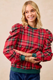 BiBi Christmas Plaid Exaggerated Shoulder Sleeves Top | Tops Daverri Fashions
