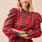 BiBi Christmas Plaid Exaggerated Shoulder Sleeves Top - DAVERRI FASHIONS
