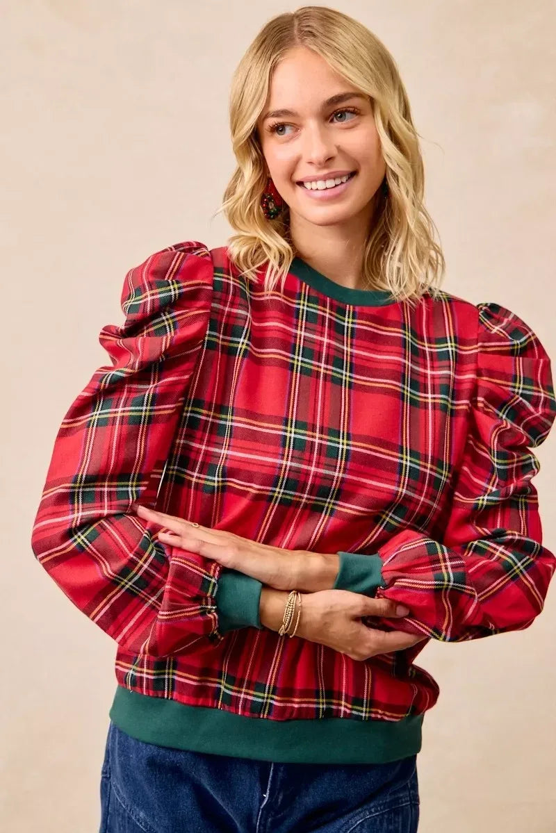 BiBi Christmas Plaid Exaggerated Shoulder Sleeves Top - DAVERRI FASHIONS