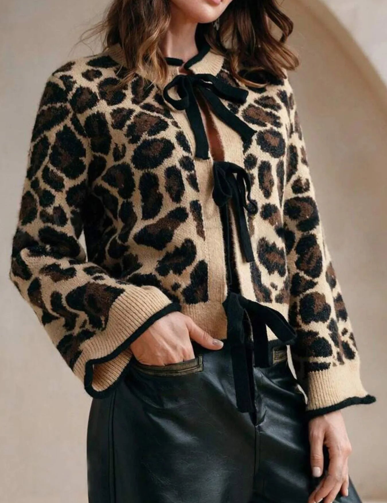 Leopard Leopard Print Bow-Tie Front Cropped Cardigan | Cardigans Daverri Fashions