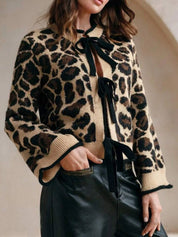 Leopard Leopard Print Bow-Tie Front Cropped Cardigan | Cardigans Daverri Fashions