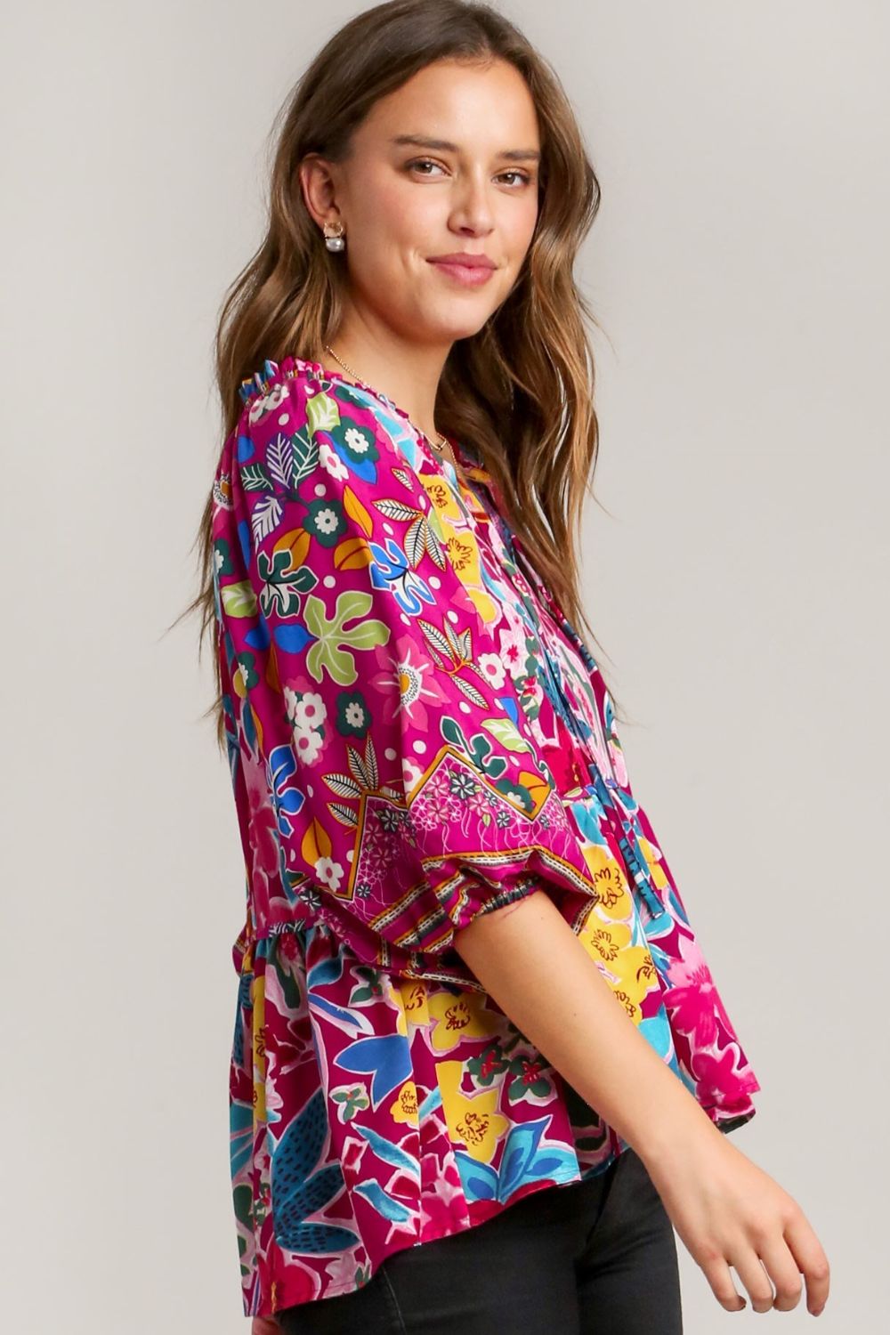 Umgee Full Size Floral Print Tie Neck Peplum Blouse Plus Size Blouses