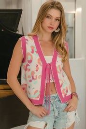 BiBi Leopard Sweater Vest With Front Tie and Scallop Detail | Sweaters Daverri Fashions