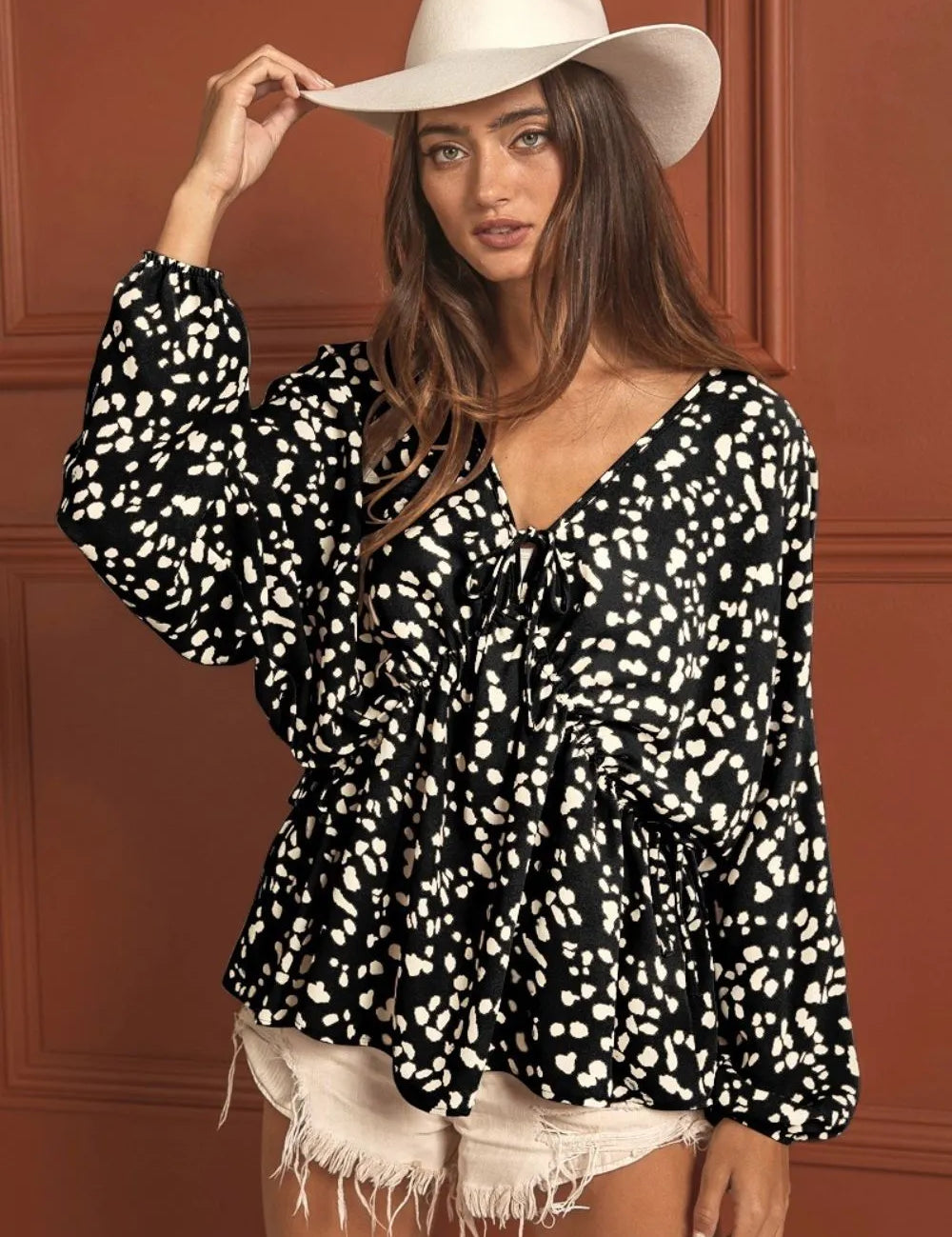 BLACK Leopard Woven Tied Spaghetti V Neck Long Sleeve Top | Blouses Daverri Fashions