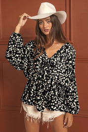 BLACK Leopard Woven Tied Spaghetti V Neck Long Sleeve Top | Blouses Daverri Fashions