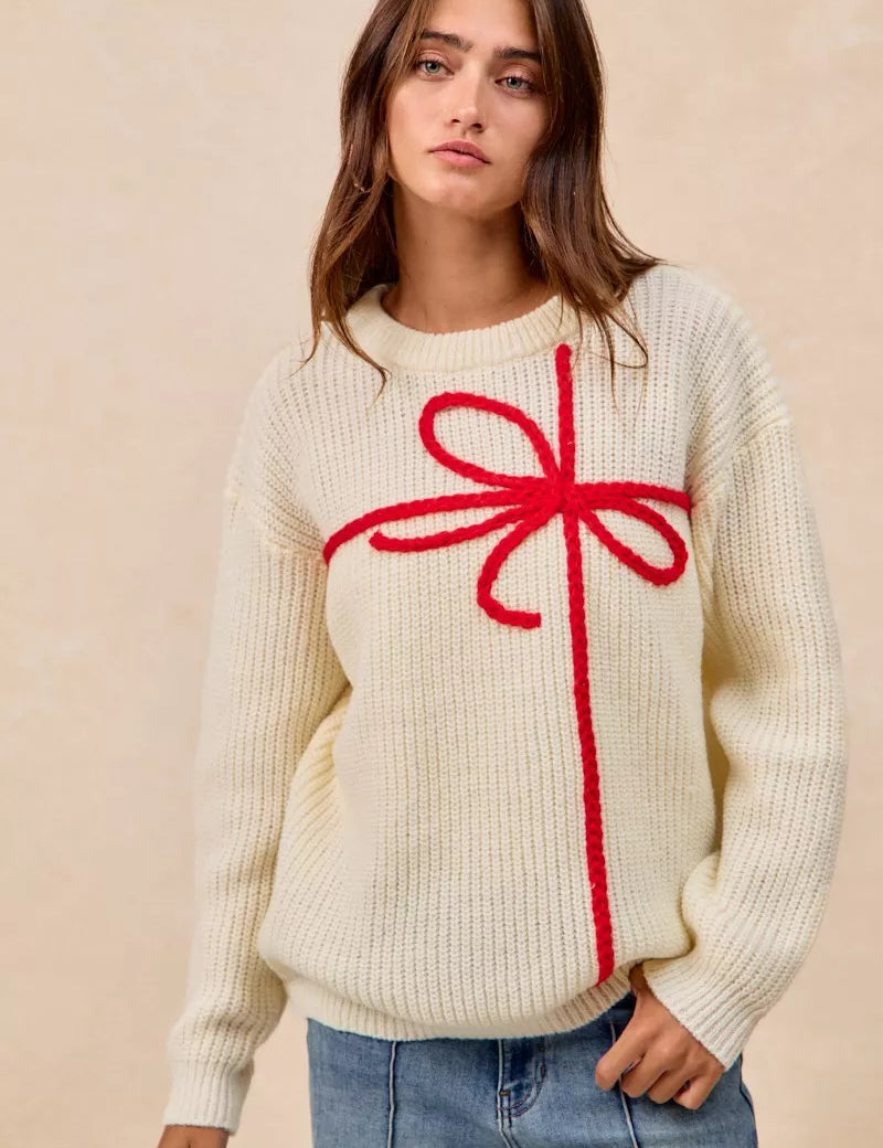 CREAM RED BiBi Christmas Ribbon Bow Embroidery Sweater | Sweaters Daverri Fashions