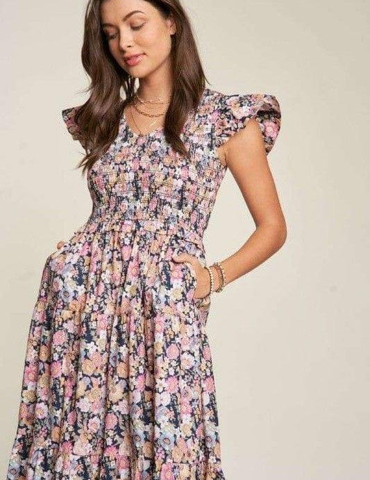 Vintage Garden Floral Flutter Smocking Midi Dress Navy Midi Dresses