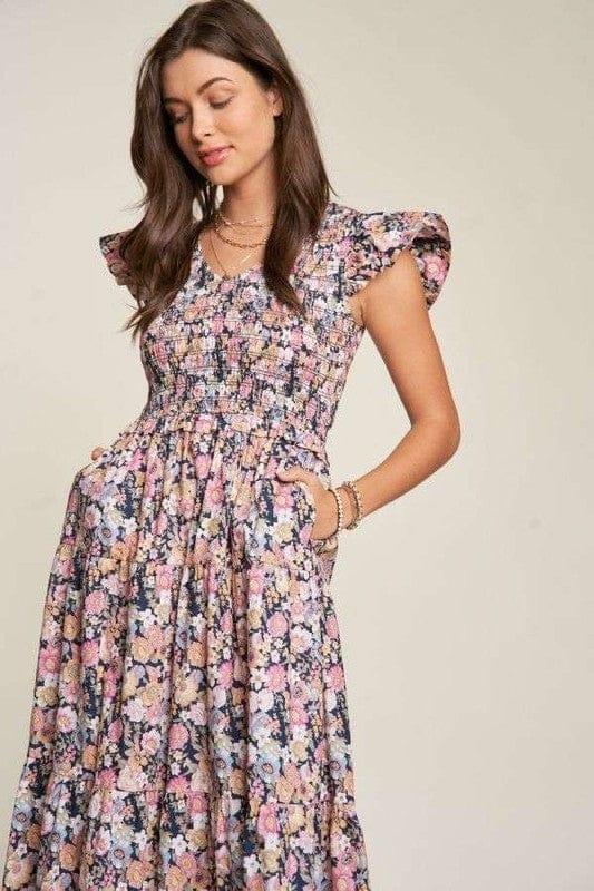 Vintage Garden Floral Flutter Smocking Midi Dress Navy Mid Dresses