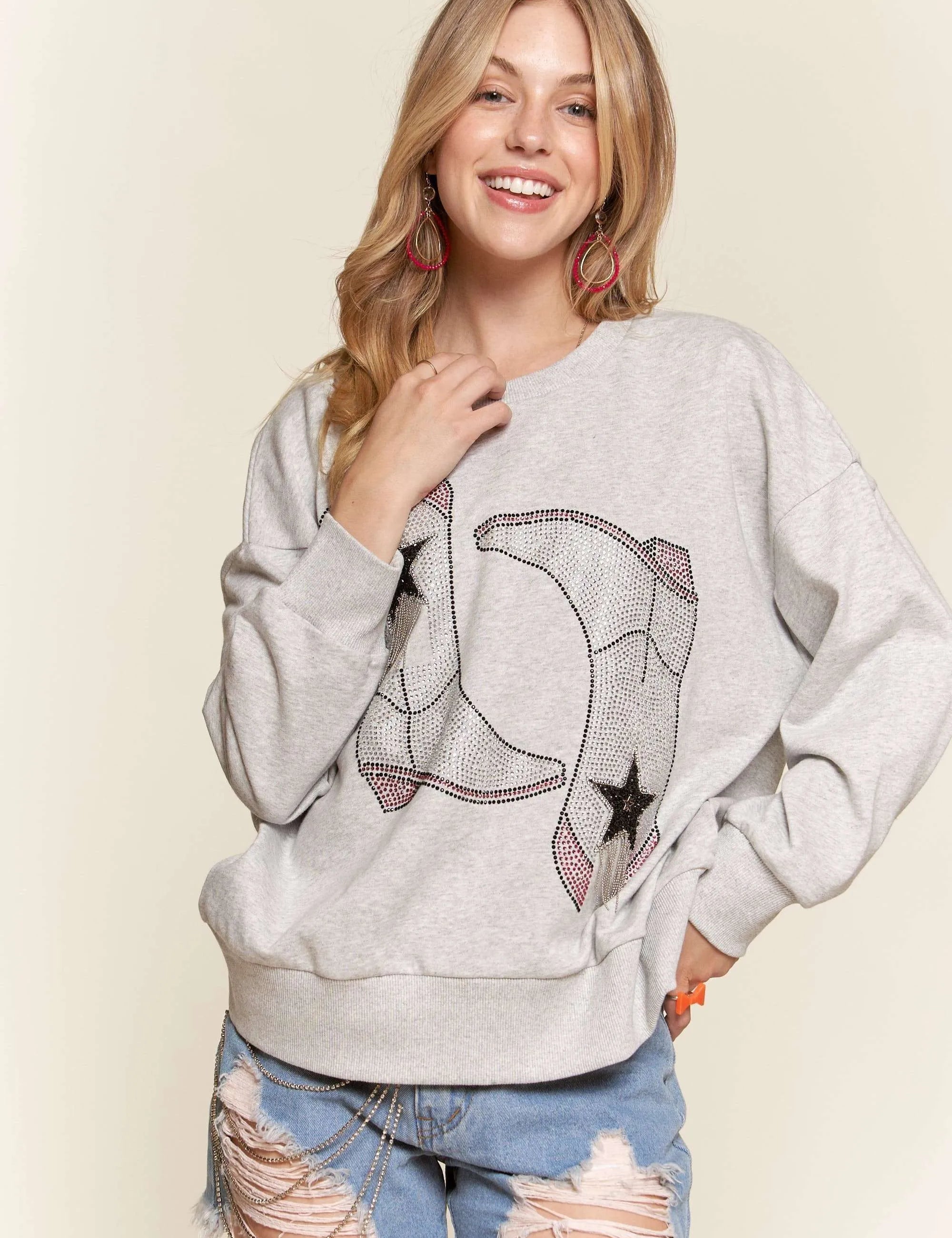 ADORA Rhinestone Accent Casual Sweatshirt | Sweatshirts Daverri Fashions