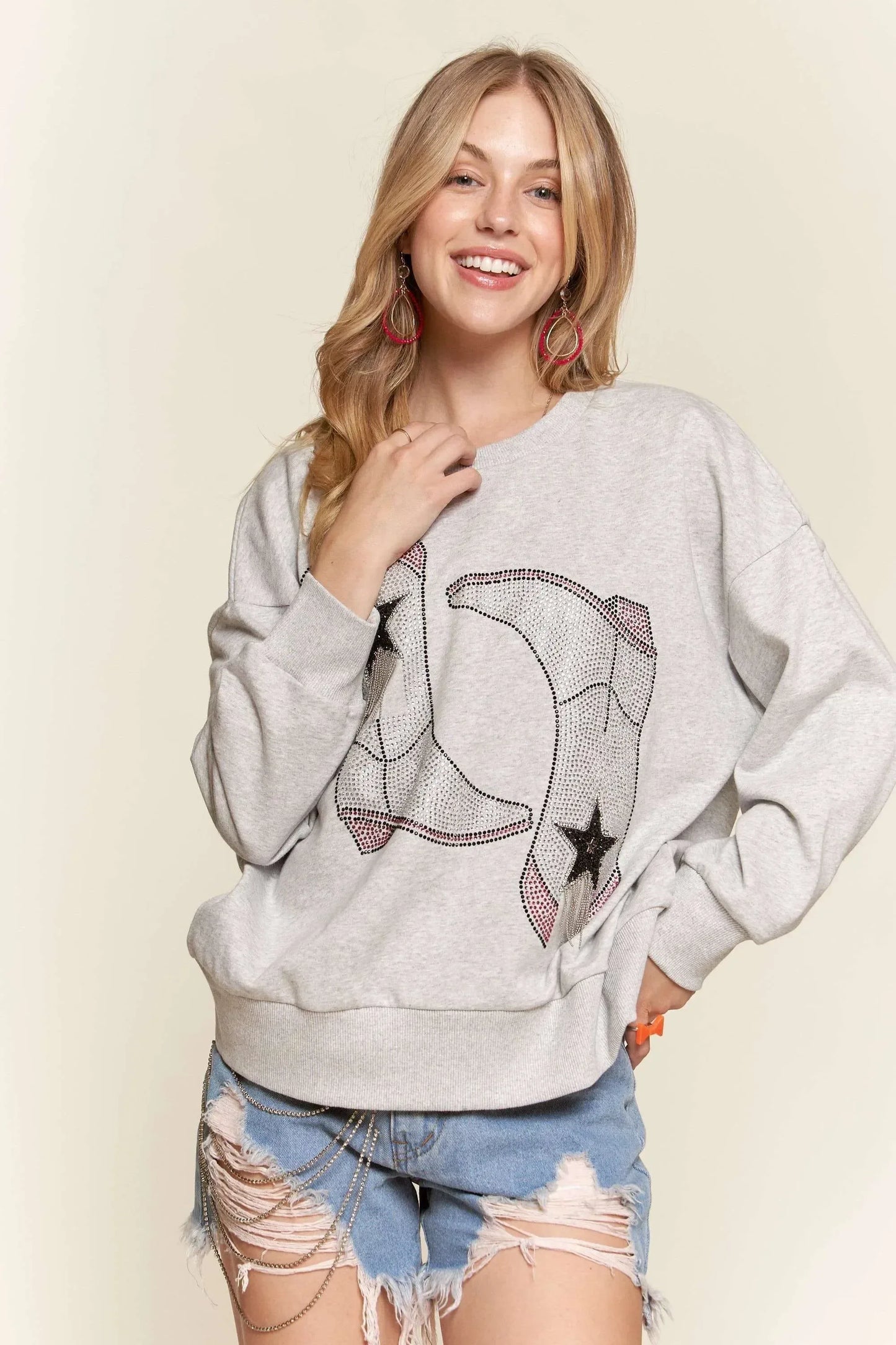 ADORA Rhinestone Accent Casual Sweatshirt - DAVERRI FASHIONS