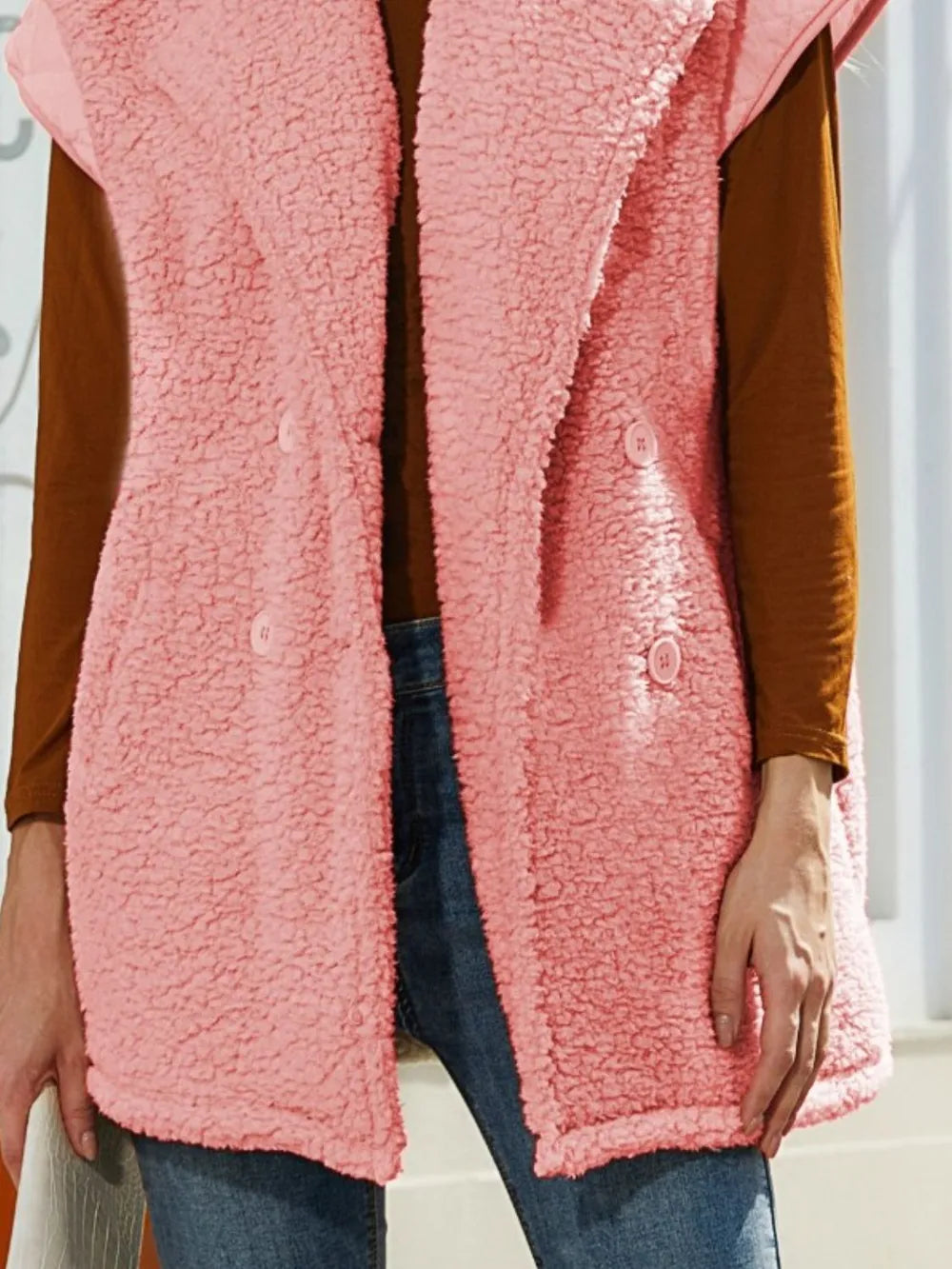 Fuzzy Collared Neck Button Up Vest Coat | Vest Jackets Daverri Fashions