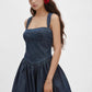 Daverri smocked crisscross back denim mini dress with square neckline