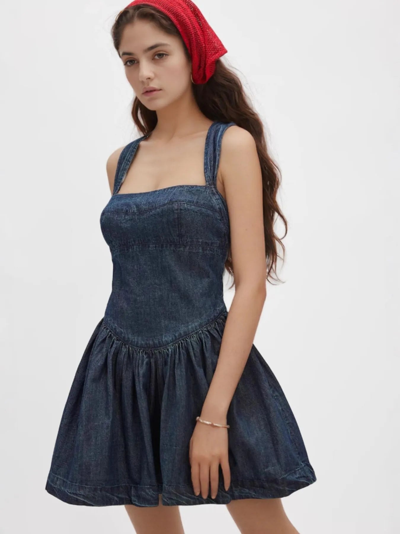 Daverri smocked crisscross back denim mini dress with square neckline