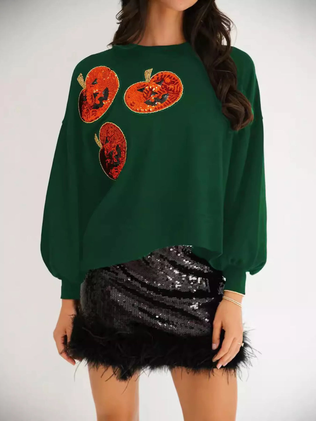Green Halloween Pumpkin Round Neck Sweatshirt | Sweatshirts Daverri Fashions