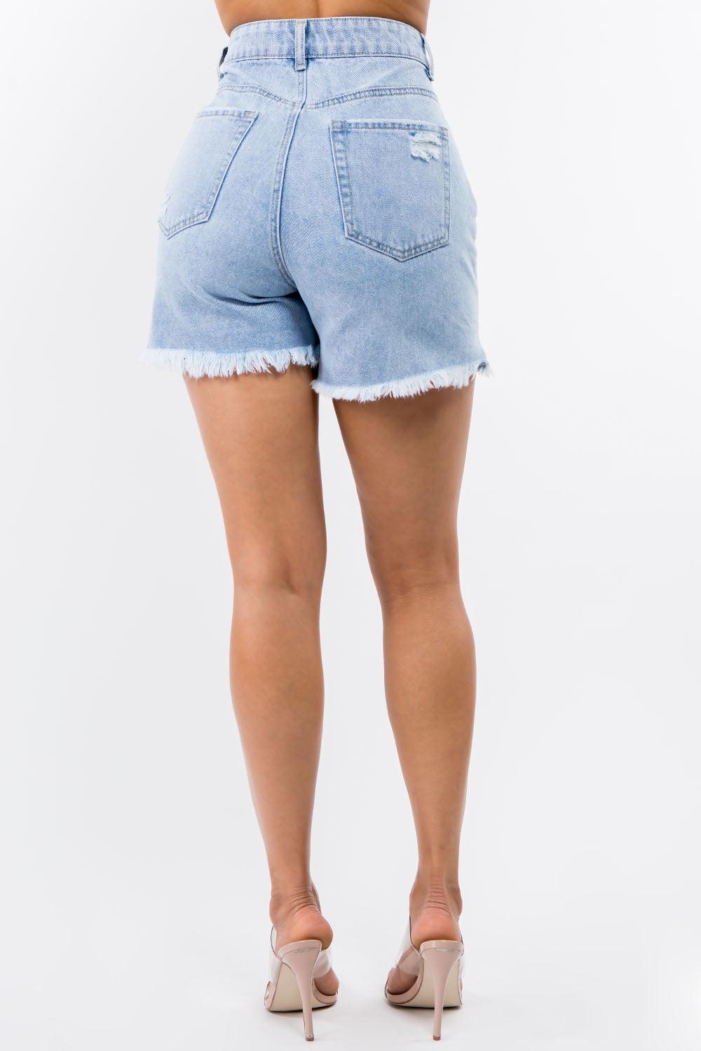 High Waist Distressed Raw Hem Denim Shorts Shorts