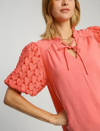 Umgee Full Size Heart Lace Sleeve Ruffle Collar Top Plus Size Tops