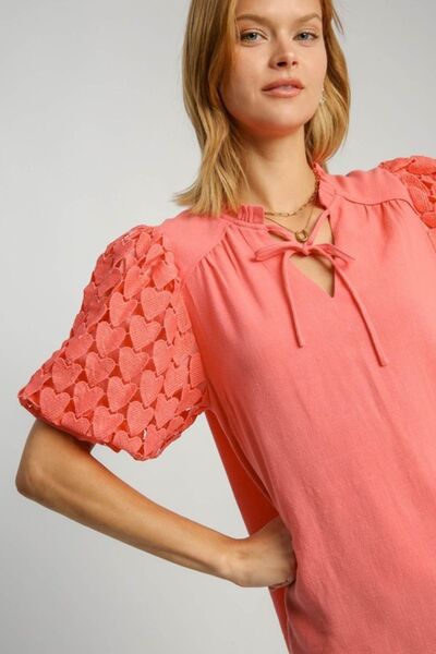 Umgee Full Size Heart Lace Sleeve Ruffle Collar Top Plus Size Tops