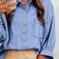 Daverri Fashions light blue denim women’s casual button-up shirt with chest pocket and puffed 3/4 sleeves