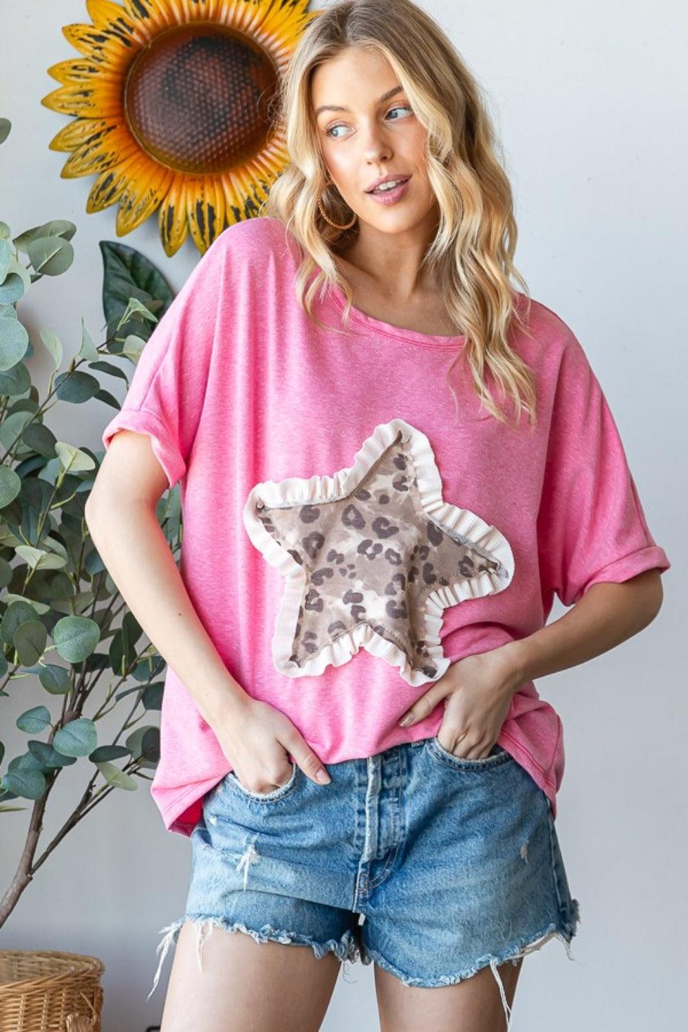 HOPELY Leopard Star Patch Short Sleeve T-Shirt Pink T-Shirts
