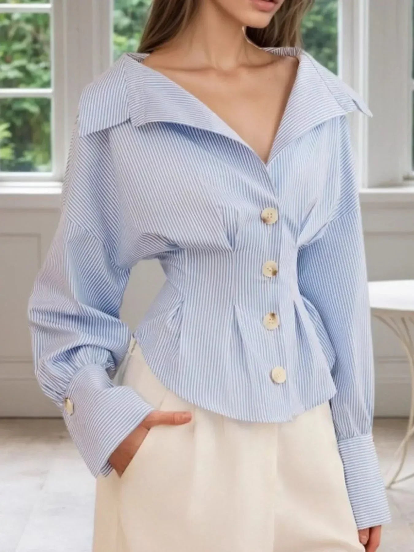 Striped Button-Up Long Sleeve Shirt - DAVERRI FASHIONS