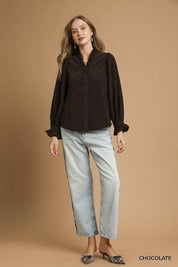 Umgee Corduroy Ruffle Shirt with Long Puff Sleeves | Shirts Daverri Fashions