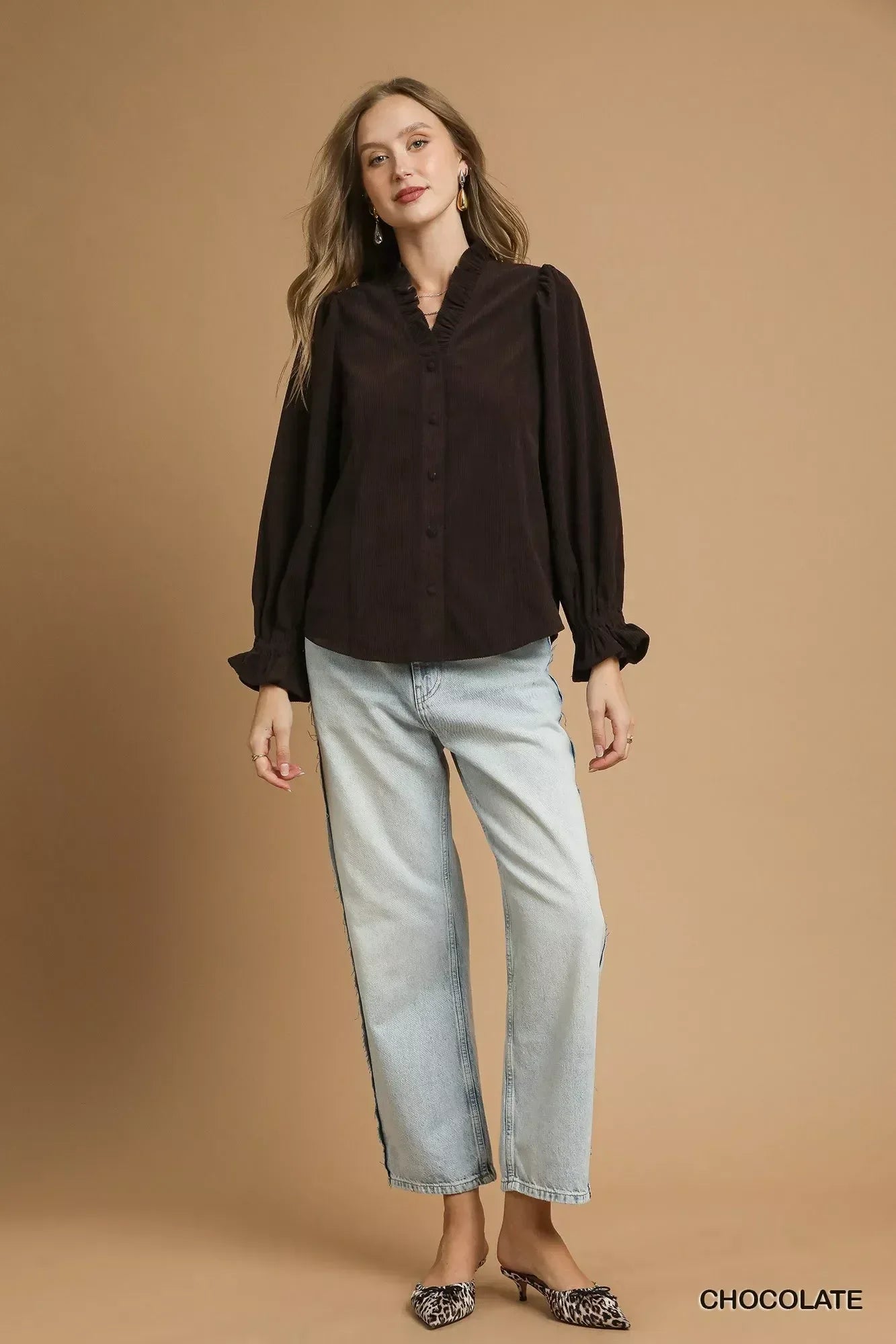 Umgee Corduroy Ruffle Shirt with Long Puff Sleeves - DAVERRI FASHIONS