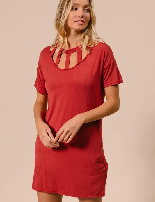 BiBi Front Cutout Mini Tee Dress with Pockets | Daverri Fashions
