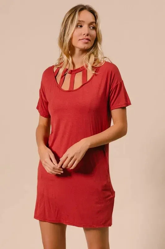 BiBi Front Cutout Mini Tee Dress with Pockets - DAVERRI FASHIONS