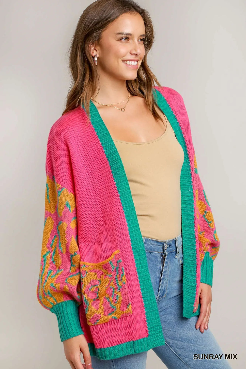 Umgee Animal Print Open Front Sweater Cardigan Cardigans