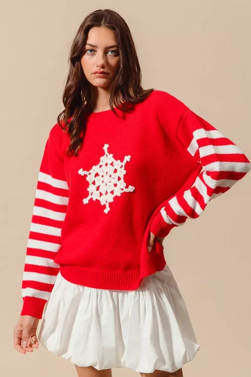 SO ME Christmas Snowflake Crochet Embellished Sweater - DAVERRI FASHIONS