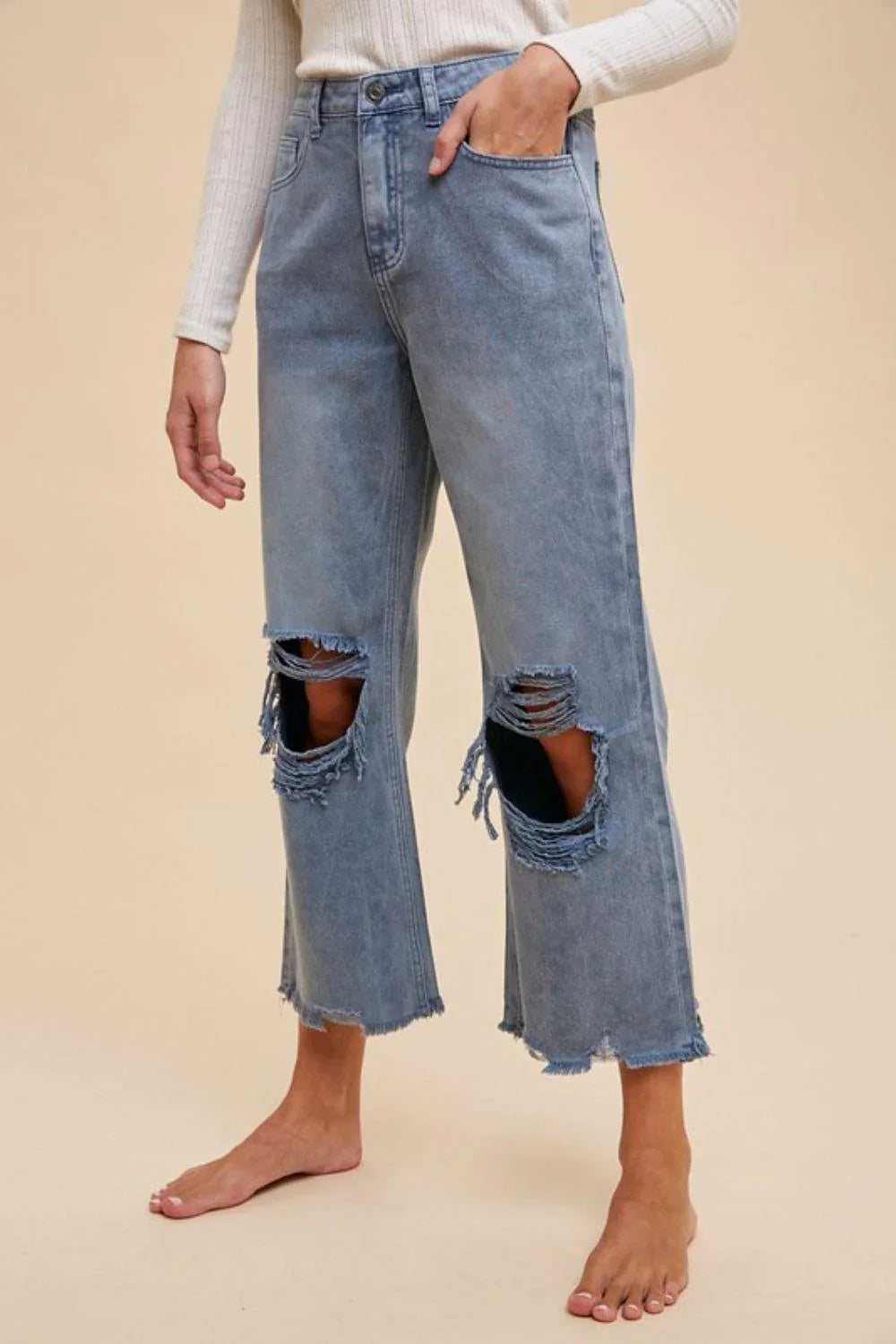Annie Wear Distressed Raw Hem Jeans - DAVERRI FASHIONS